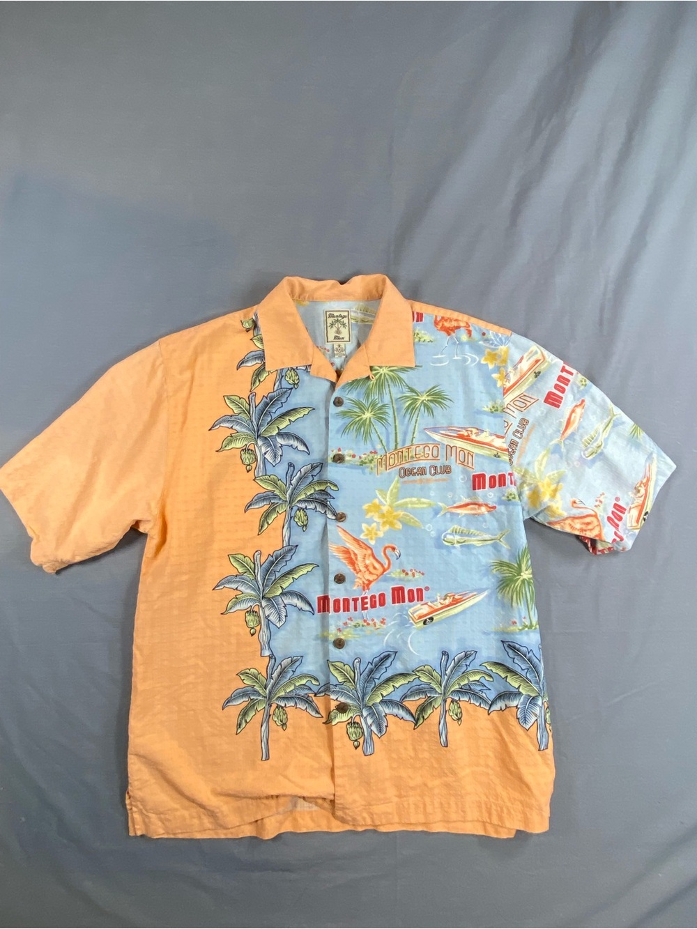Montego Mon silk Two-Tone Orange & Light Blue Hawaiian Shirt